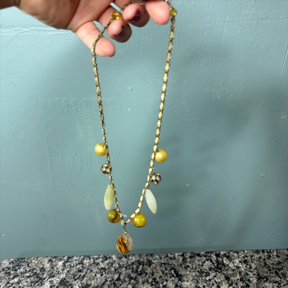 Boho Earthy Yellow Agate Bead Woven Chain Statement Necklace with Stone Pendant